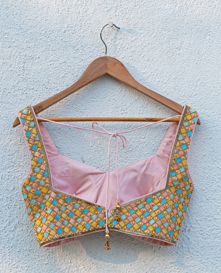 Blush Pink Organza Lehenga With Multicolour Blouse Anisha Shetty - Fabilicious Fashion