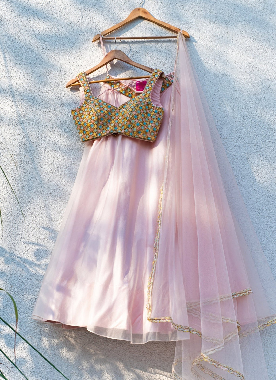Blush Pink Organza Lehenga With Multicolour Blouse Anisha Shetty - Fabilicious Fashion
