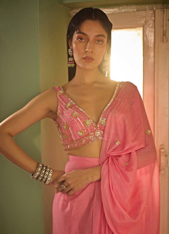 Blush Pink Pre - Stitched Georgette Saree Set Zoon Tribe - Fabilicious Fashion