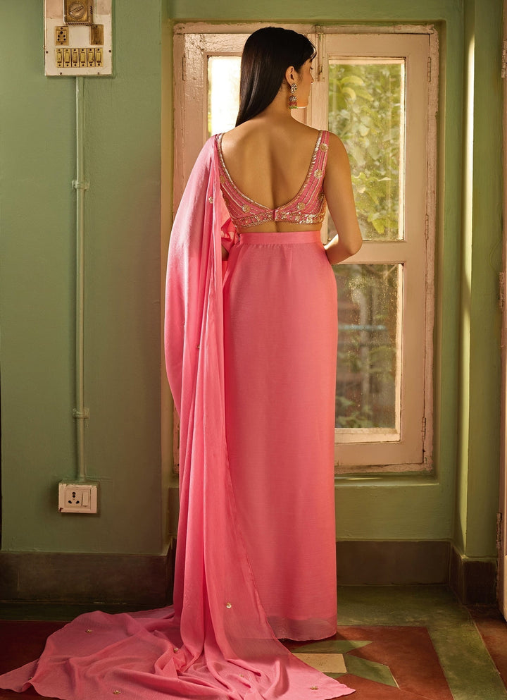 Blush Pink Pre - Stitched Georgette Saree Set Zoon Tribe - Fabilicious Fashion