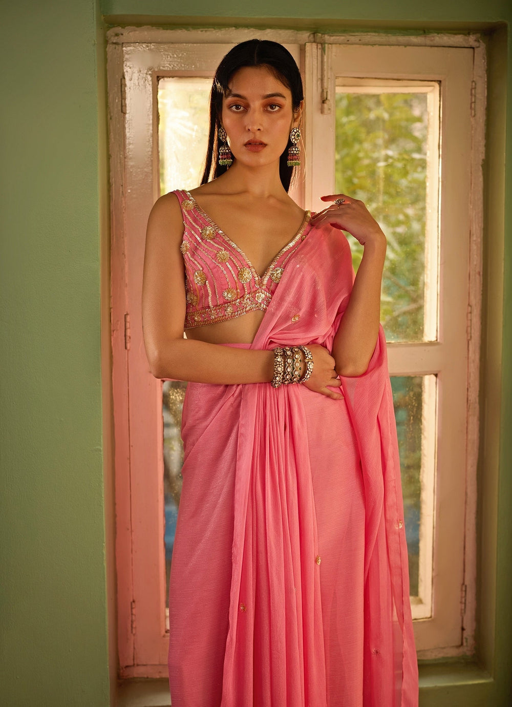 Blush Pink Pre - Stitched Georgette Saree Set Zoon Tribe - Fabilicious Fashion