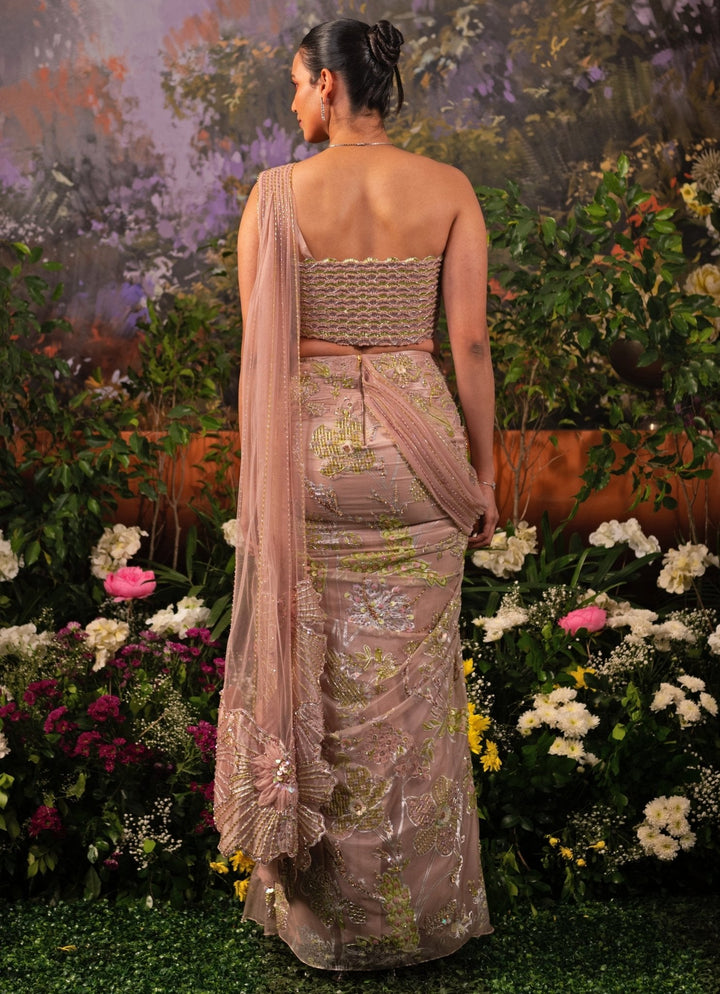 Blush Pink Predraped Silver Brocade Saree With Corset Blouse Moledro - Fabilicious Fashion