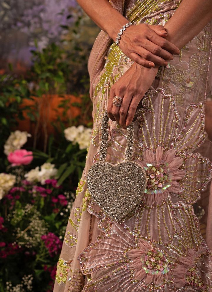 Blush Pink Predraped Silver Brocade Saree With Corset Blouse Moledro - Fabilicious Fashion