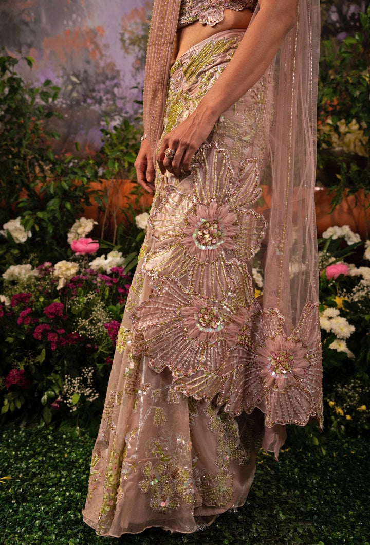 Blush Pink Predraped Silver Brocade Saree With Corset Blouse Moledro - Fabilicious Fashion