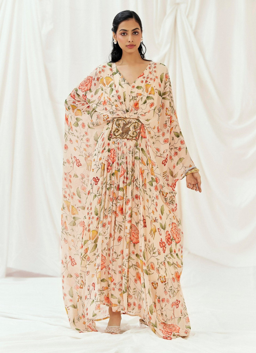Blush Pink Printed Georgette Kaftan Redpine - Fabilicious Fashion