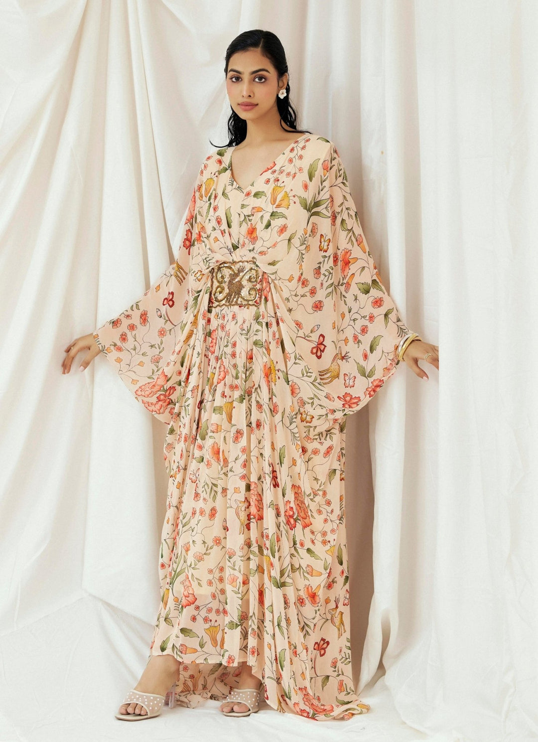 Blush Pink Printed Georgette Kaftan Redpine - Fabilicious Fashion