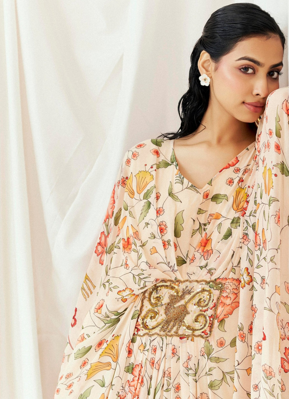 Blush Pink Printed Georgette Kaftan Redpine - Fabilicious Fashion
