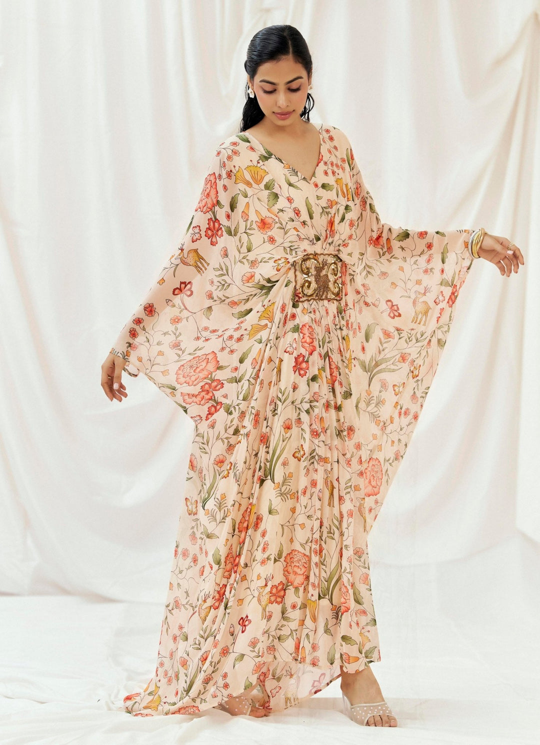 Blush Pink Printed Georgette Kaftan Redpine - Fabilicious Fashion