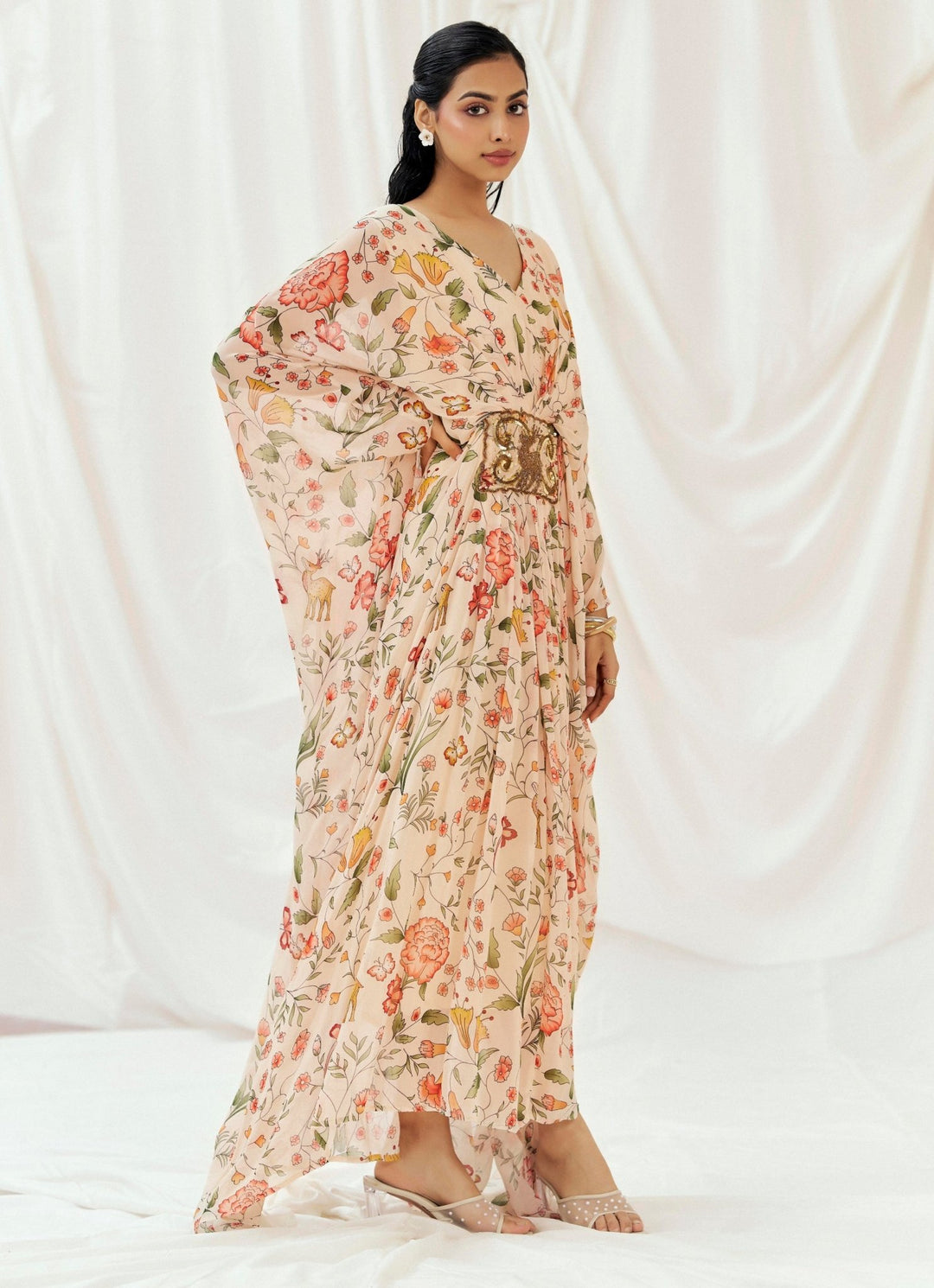 Blush Pink Printed Georgette Kaftan Redpine - Fabilicious Fashion