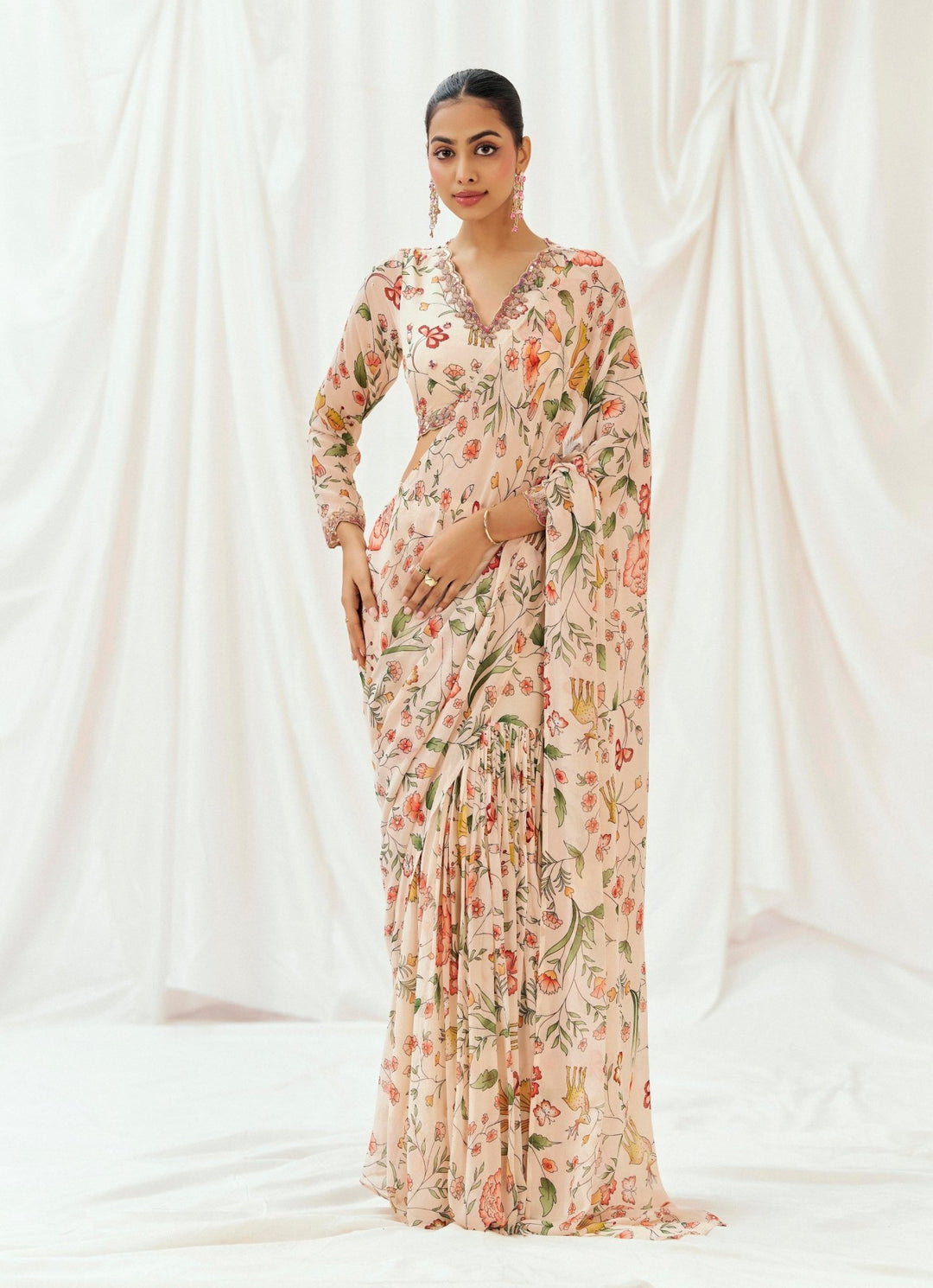 Blush Pink Printed Georgette Predraped Saree Redpine - Fabilicious Fashion