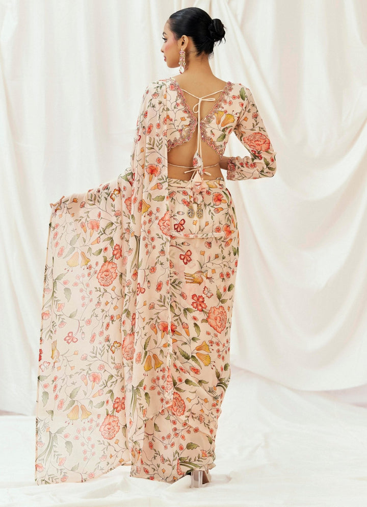 Blush Pink Printed Georgette Predraped Saree Redpine - Fabilicious Fashion