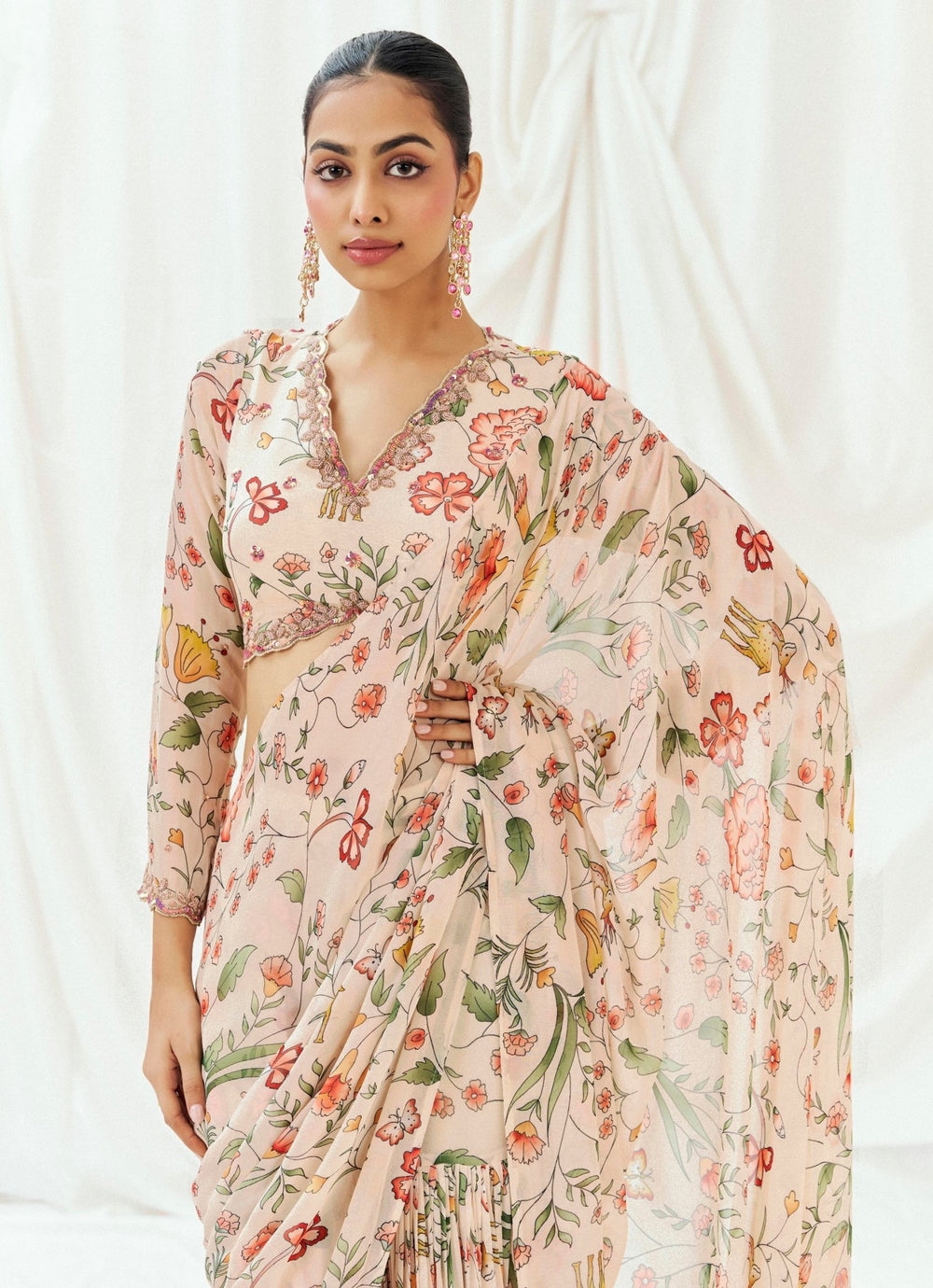 Blush Pink Printed Georgette Predraped Saree Redpine - Fabilicious Fashion
