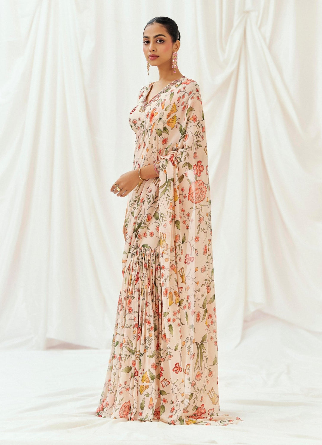 Blush Pink Printed Georgette Predraped Saree Redpine - Fabilicious Fashion