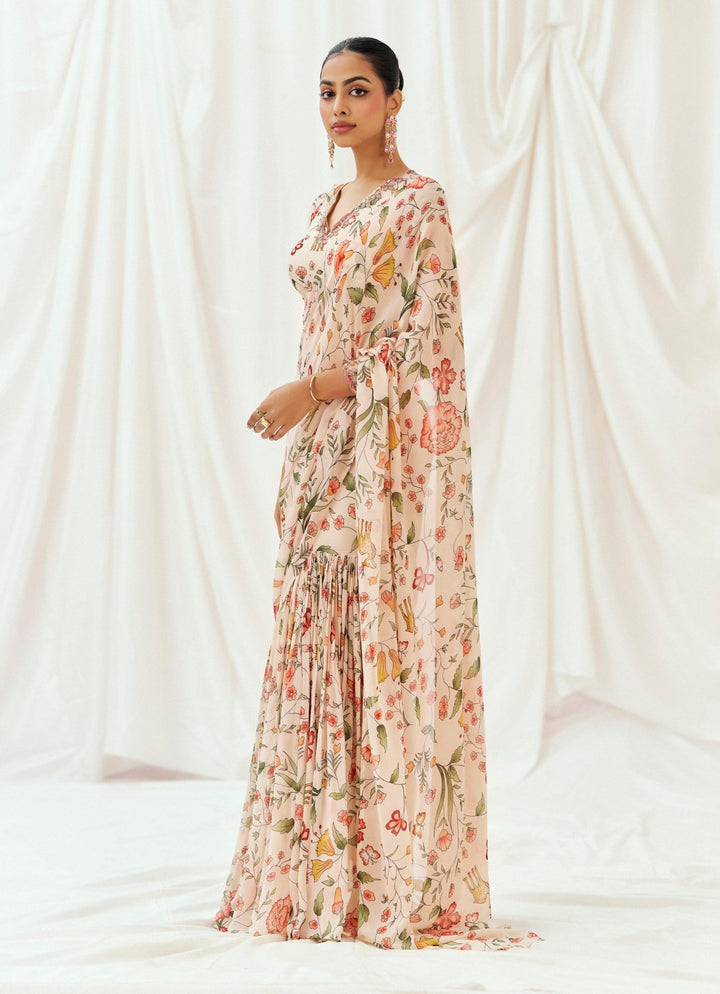 Blush Pink Printed Georgette Predraped Saree Redpine - Fabilicious Fashion