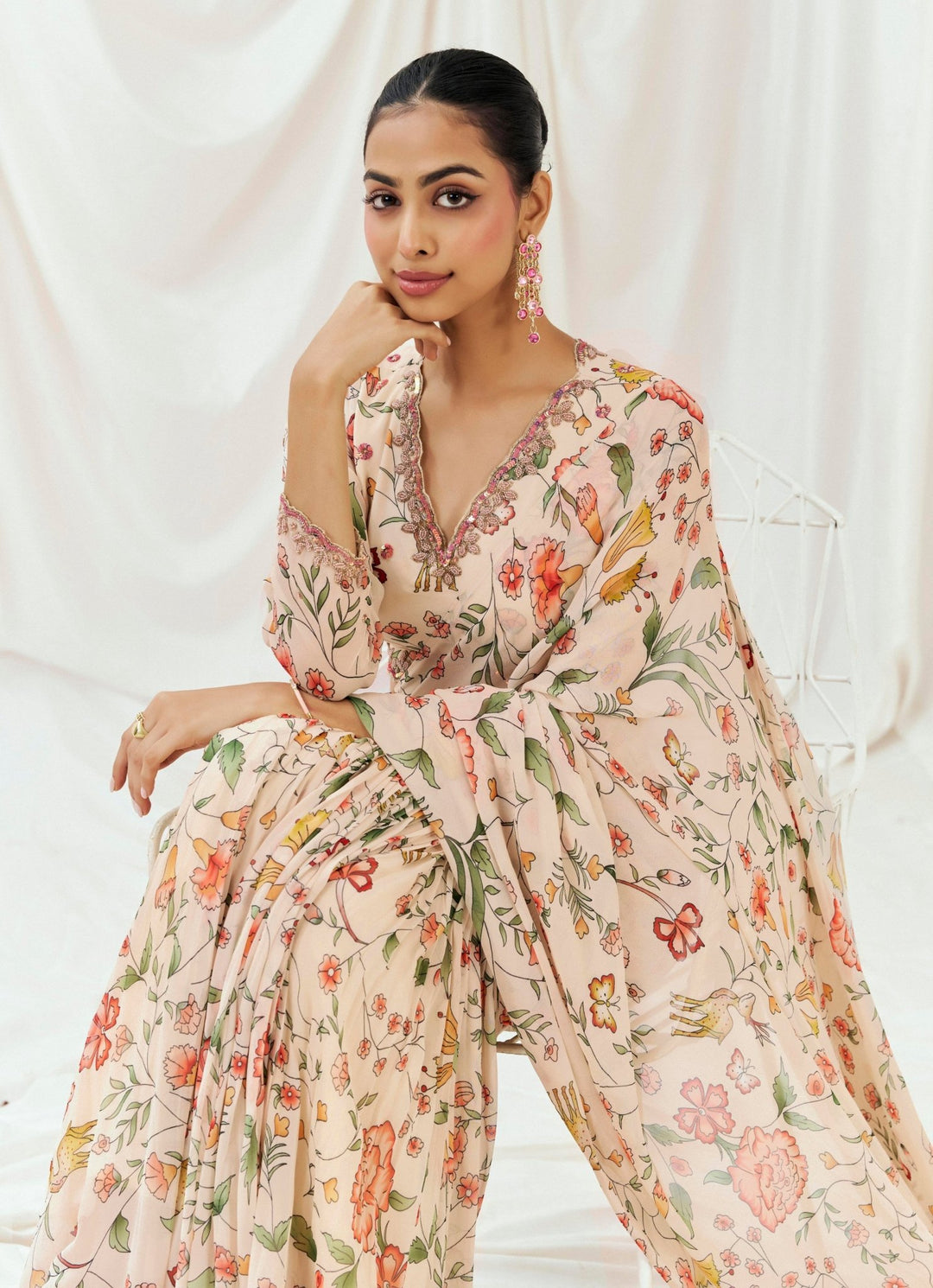 Blush Pink Printed Georgette Predraped Saree Redpine - Fabilicious Fashion