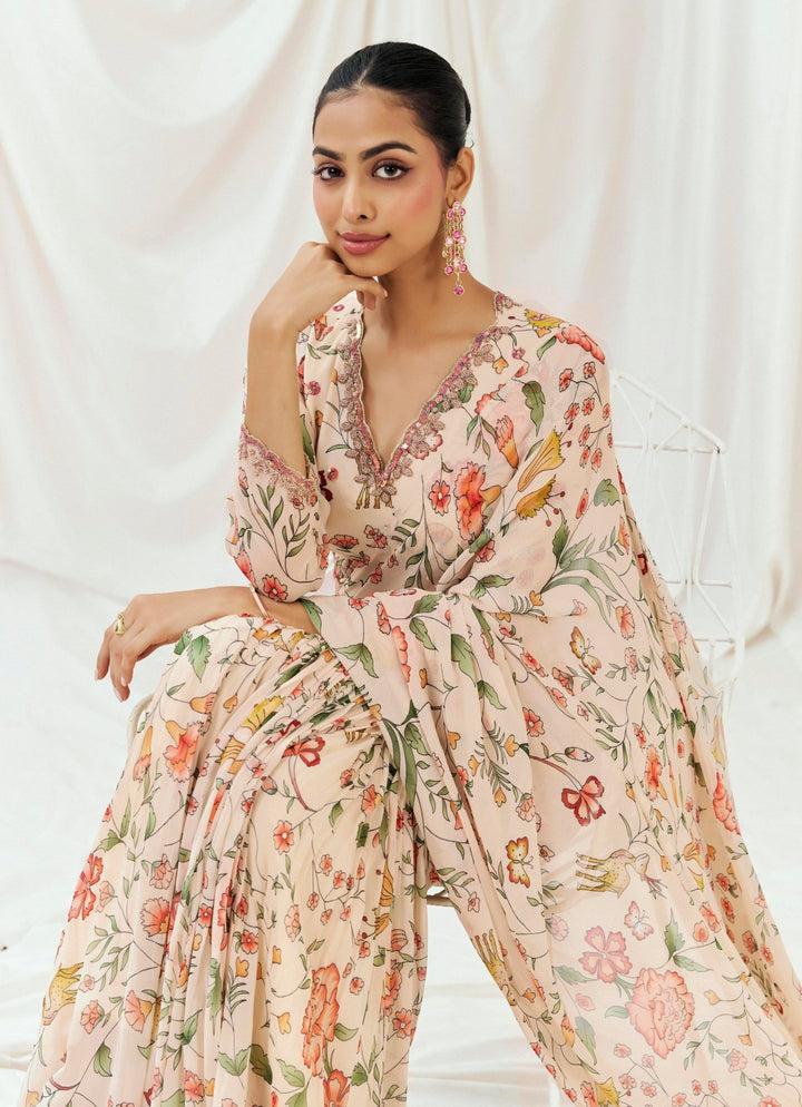 Blush Pink Printed Georgette Predraped Saree Redpine - Fabilicious Fashion