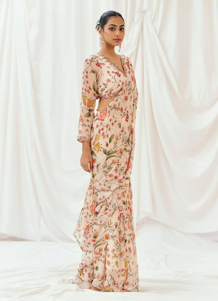 Blush Pink Printed Georgette Predraped Saree Redpine - Fabilicious Fashion