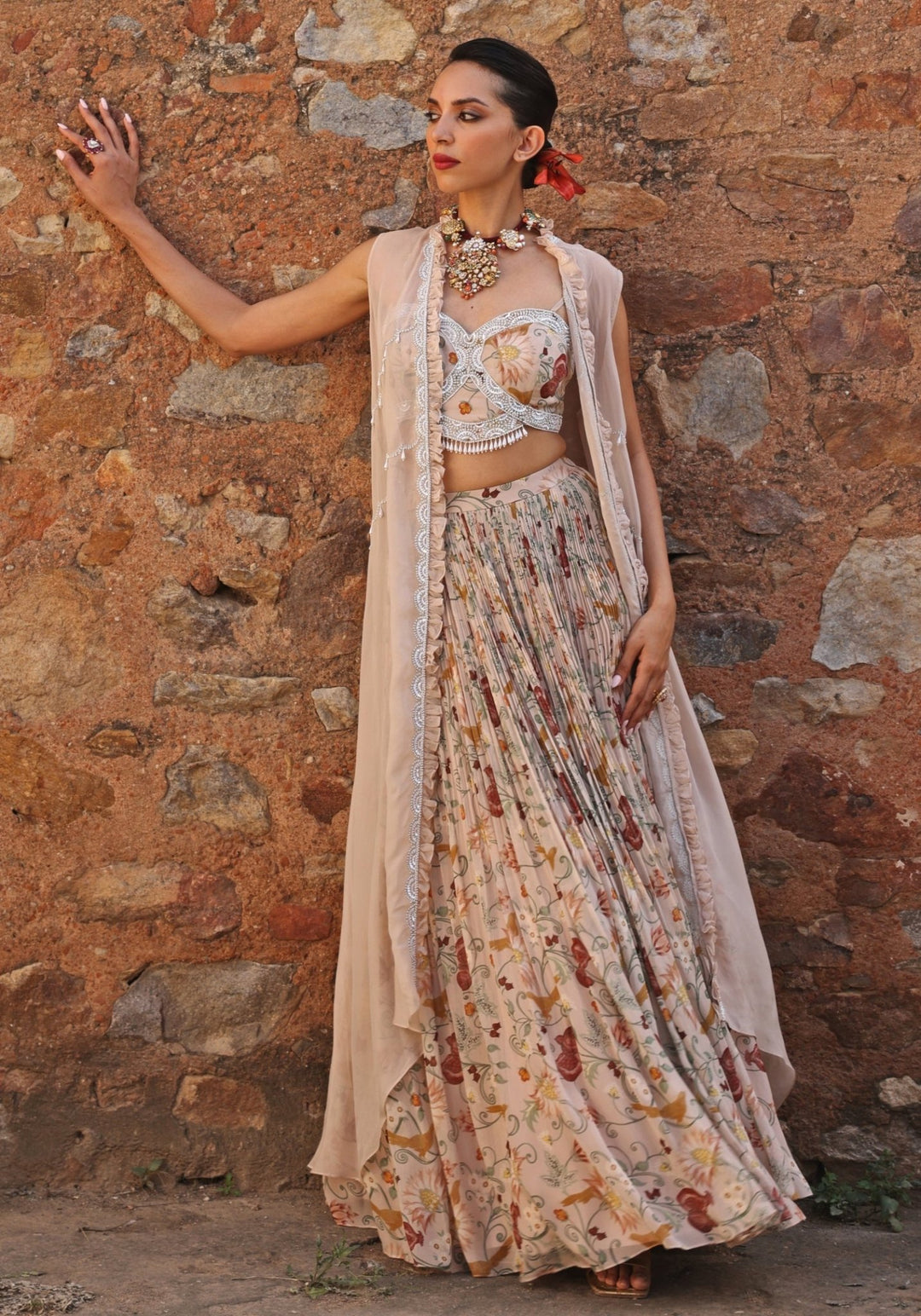 Blush Pink Printed Lehenga Set with Cape Seema Thukral - Fabilicious Fashion