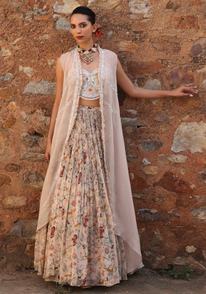 Blush Pink Printed Lehenga Set with Cape Seema Thukral - Fabilicious Fashion