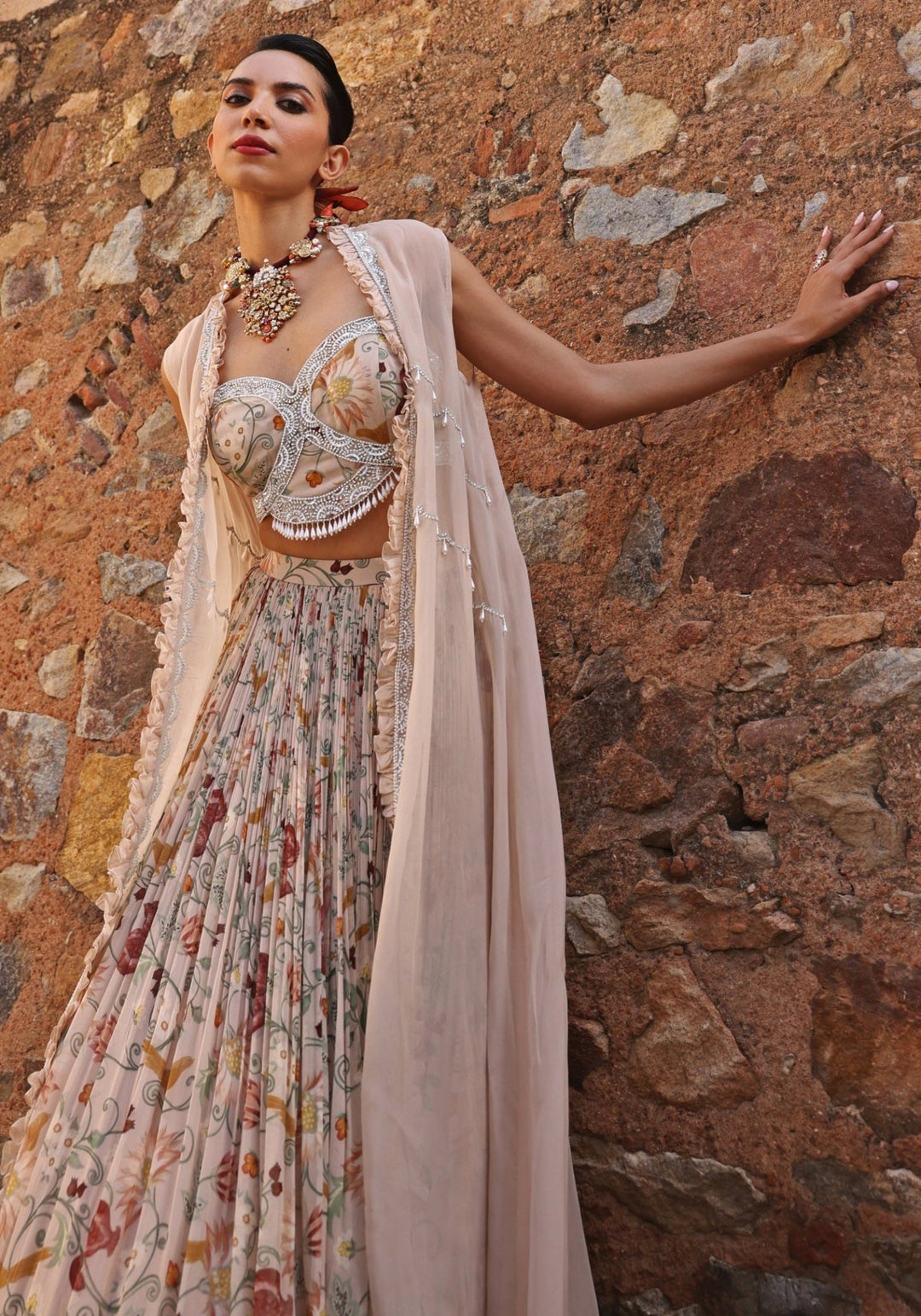 Blush Pink Printed Lehenga Set with Cape Seema Thukral - Fabilicious Fashion
