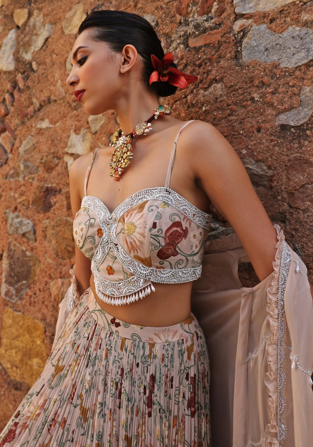 Blush Pink Printed Lehenga Set with Cape Seema Thukral - Fabilicious Fashion