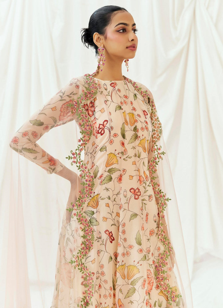 Blush Pink Printed Organza Anarkali Set Redpine - Fabilicious Fashion