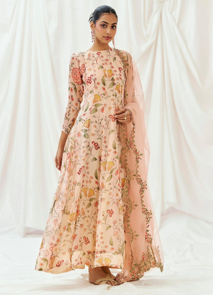Blush Pink Printed Organza Anarkali Set Redpine - Fabilicious Fashion