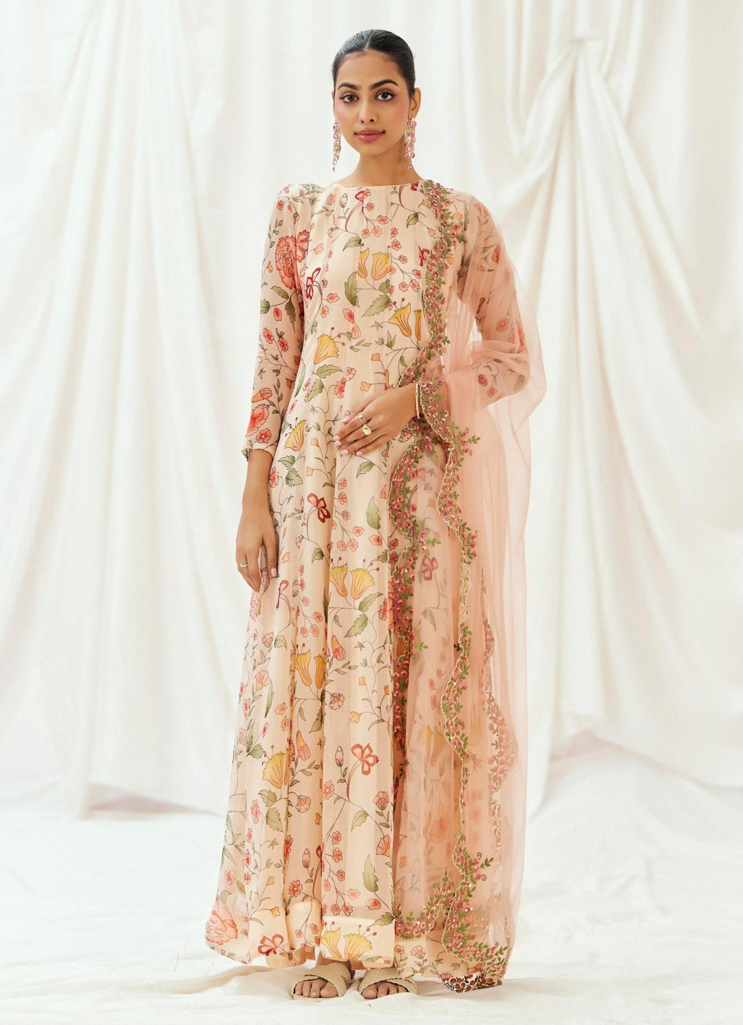 Blush Pink Printed Organza Anarkali Set Redpine - Fabilicious Fashion