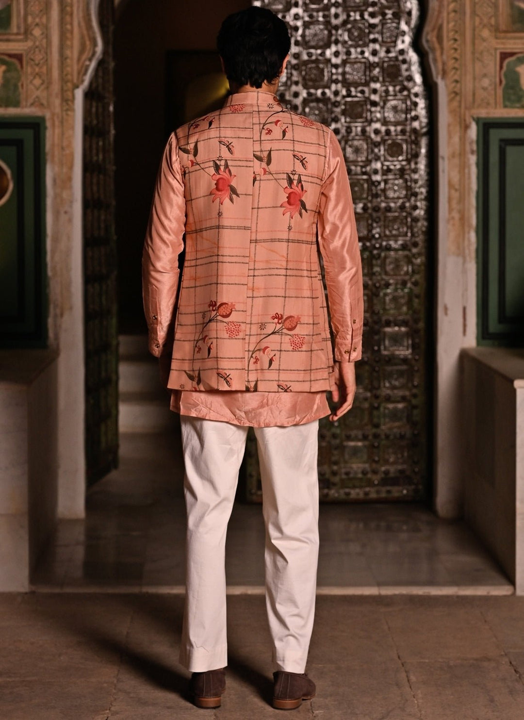 Juhi Bengani - Men Blush Pink Printed Organza Half JacketFabilicious Fashion