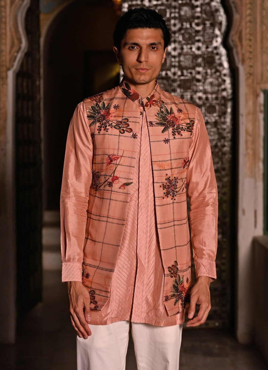 Juhi Bengani - Men Blush Pink Printed Organza Half JacketFabilicious Fashion