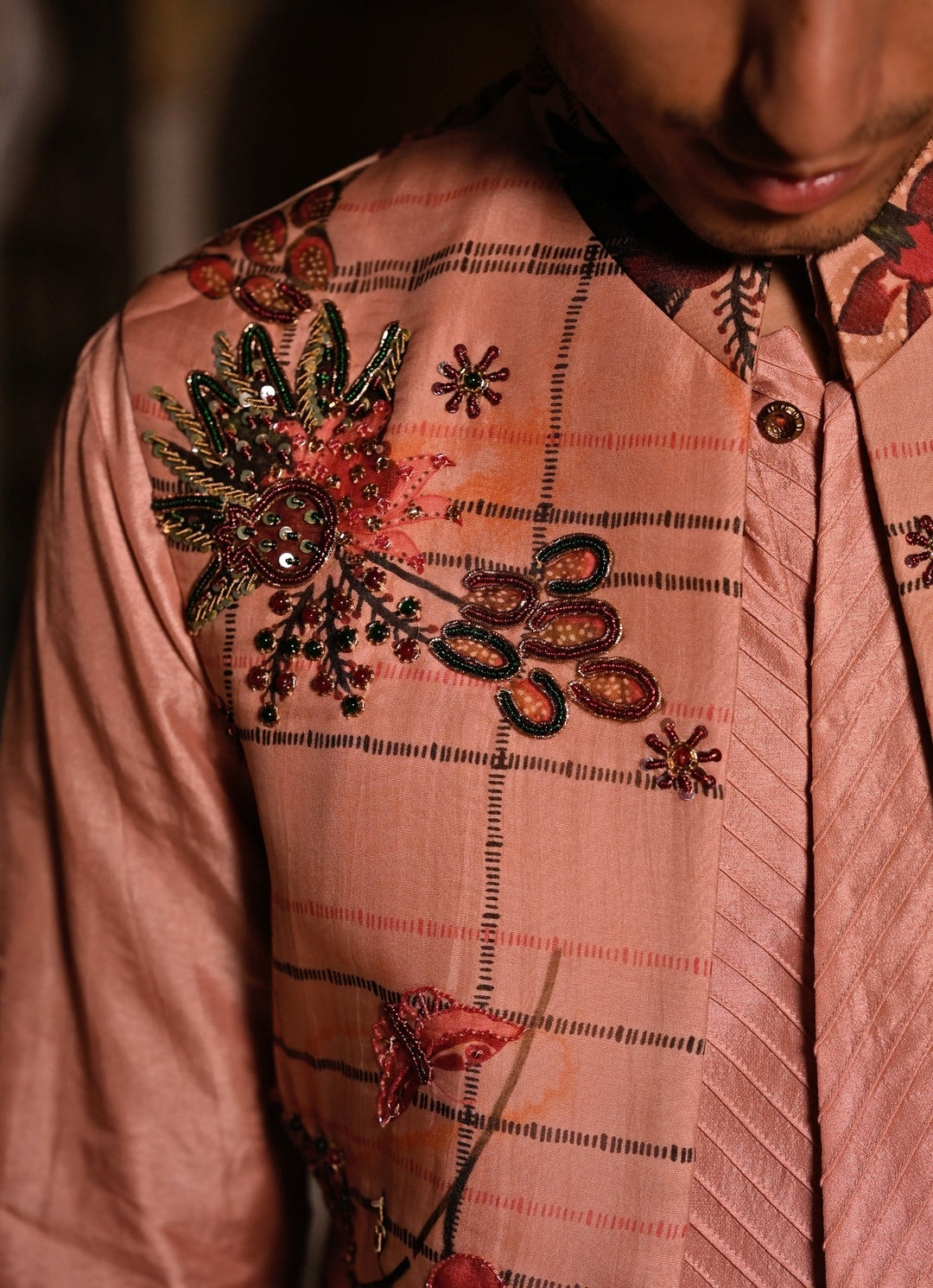 Juhi Bengani - Men Blush Pink Printed Organza Half JacketFabilicious Fashion