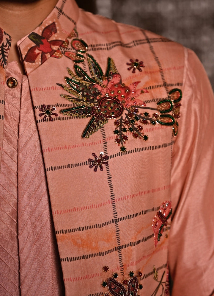Juhi Bengani - Men Blush Pink Printed Organza Half JacketFabilicious Fashion
