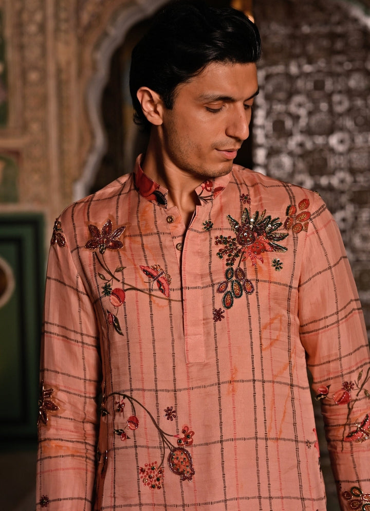 Juhi Bengani - Men Blush Pink Printed Organza Kurta Pants SetFabilicious Fashion