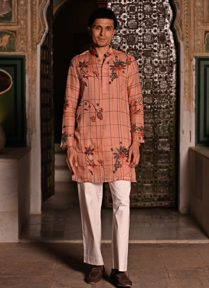 Juhi Bengani - Men Blush Pink Printed Organza Kurta Pants SetFabilicious Fashion