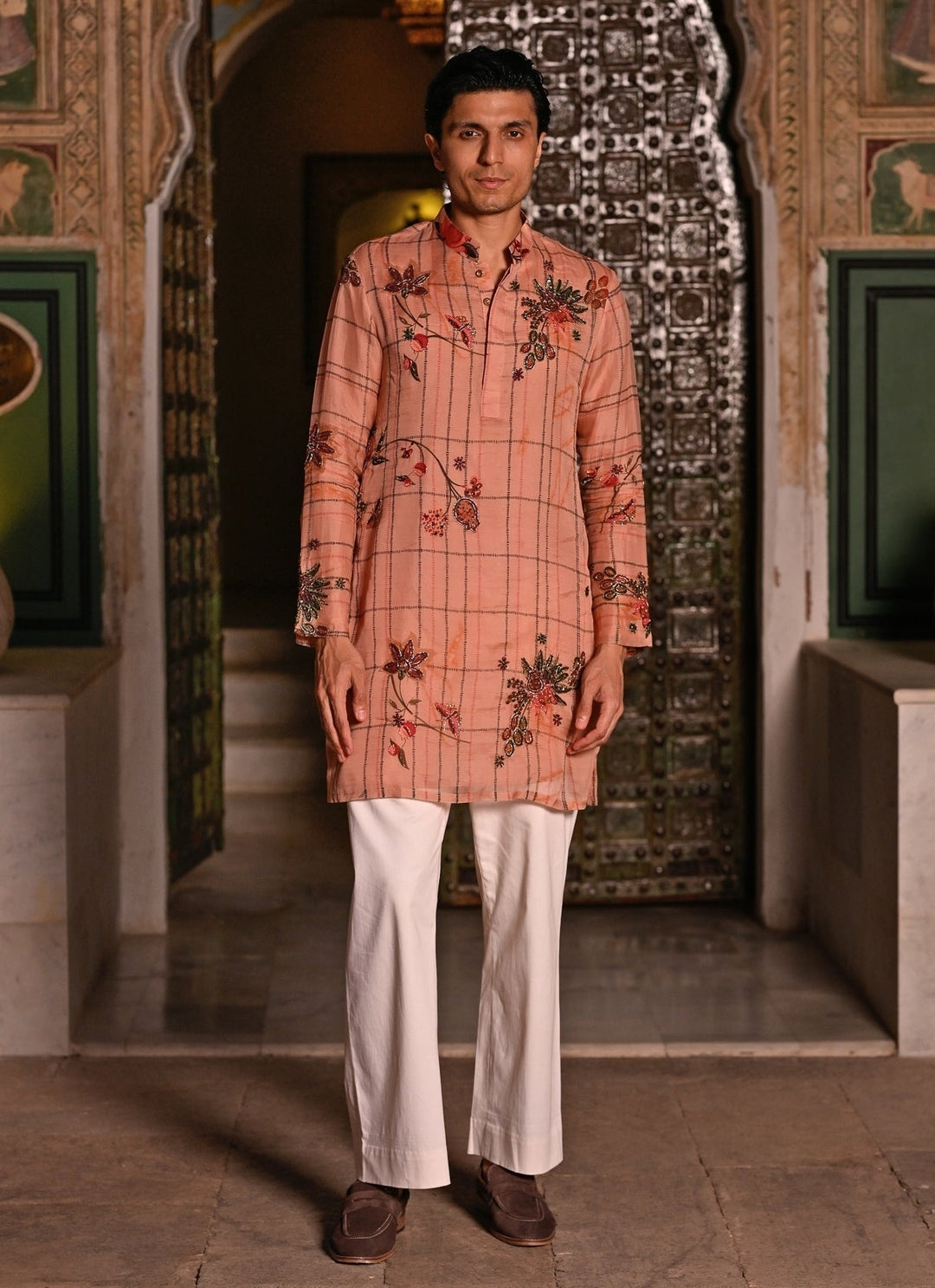 Juhi Bengani - Men Blush Pink Printed Organza Kurta Pants SetFabilicious Fashion