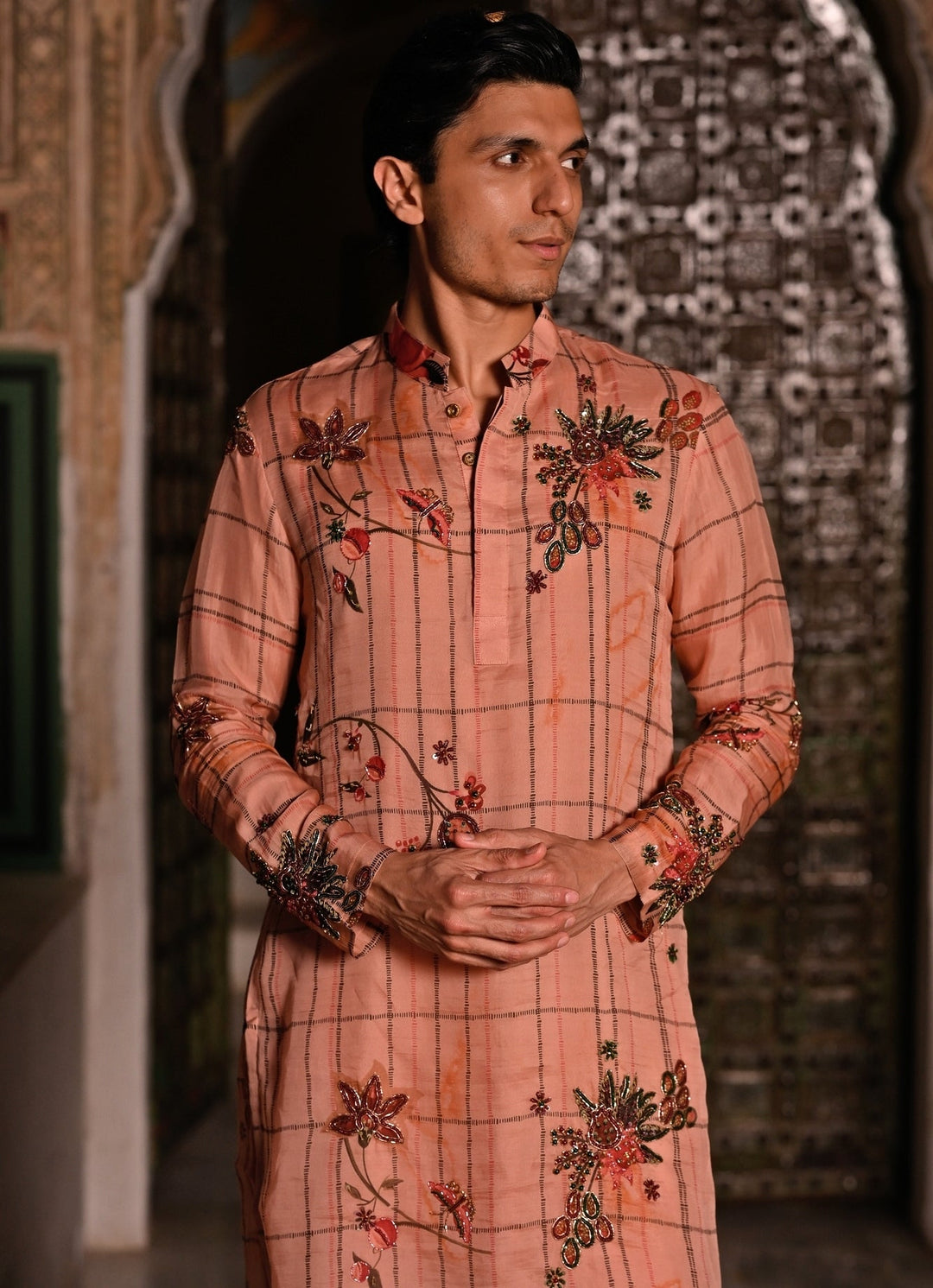 Juhi Bengani - Men Blush Pink Printed Organza Kurta Pants SetFabilicious Fashion