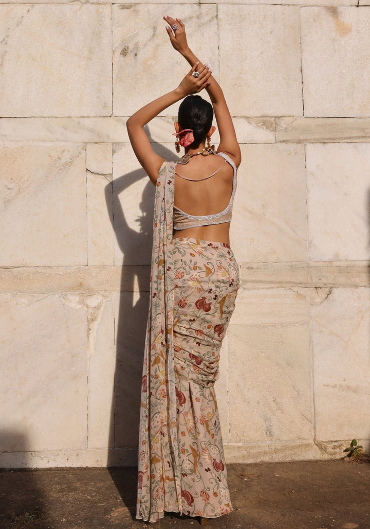Blush Pink Printed Pre Draped Saree set Seema Thukral - Fabilicious Fashion