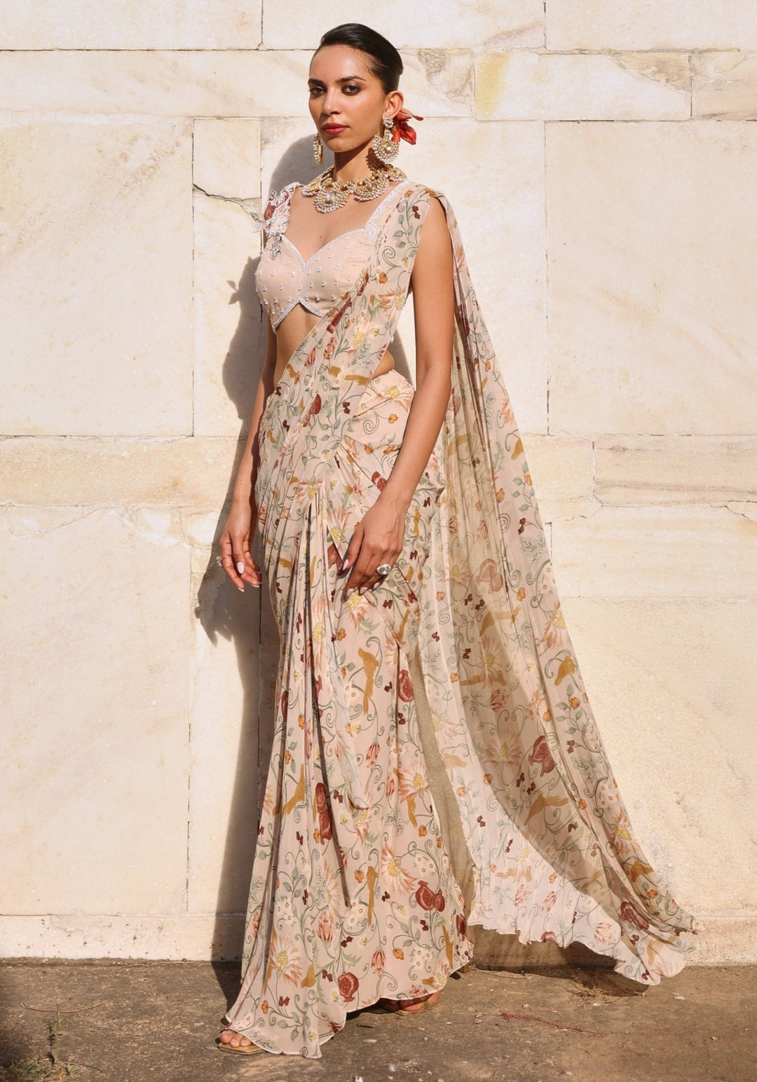 Blush Pink Printed Pre Draped Saree set Seema Thukral - Fabilicious Fashion