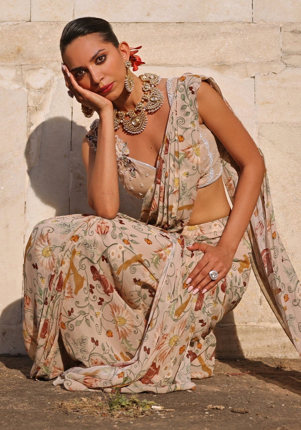 Blush Pink Printed Pre Draped Saree set Seema Thukral - Fabilicious Fashion