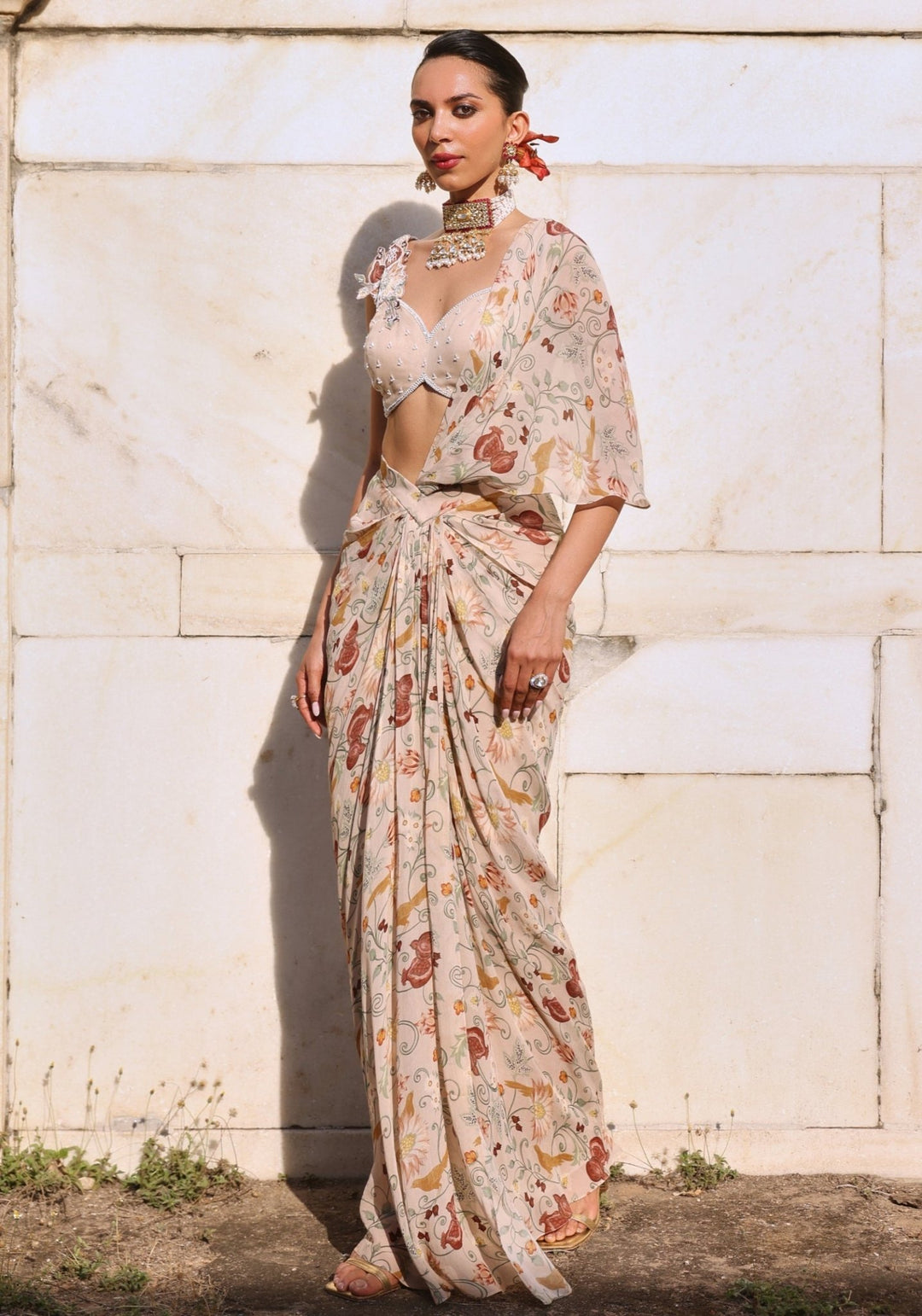 Blush Pink Printed Saree Skirt set Seema Thukral - Fabilicious Fashion