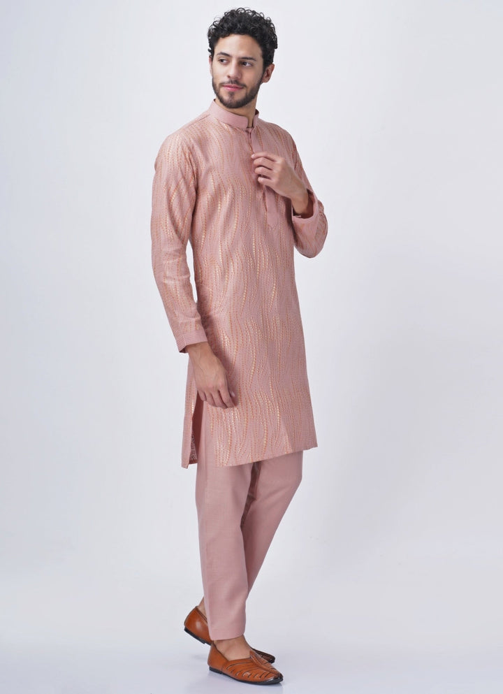 Blush Pink Printed Silk Kurta Pants Set Manish Nagdeo Men - Fabilicious Fashion