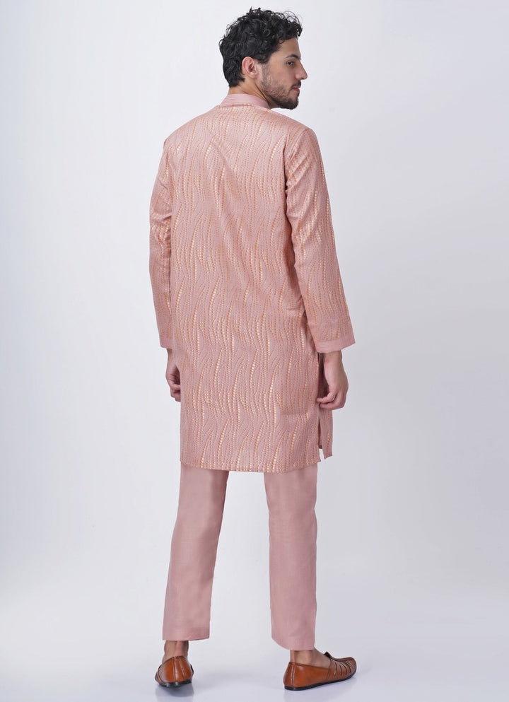 Blush Pink Printed Silk Kurta Pants Set Manish Nagdeo Men - Fabilicious Fashion