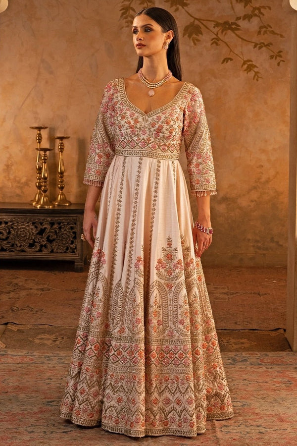 Angad Singh blush pink raw silk anarkali set for mother of the bride on the wedding day