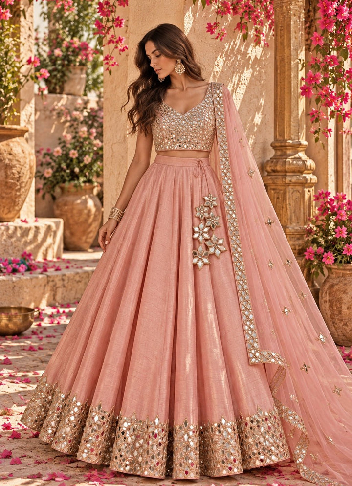 Anisha Shetty Blush Pink Raw Silk Mirror Lehenga SetFabilicious Fashion