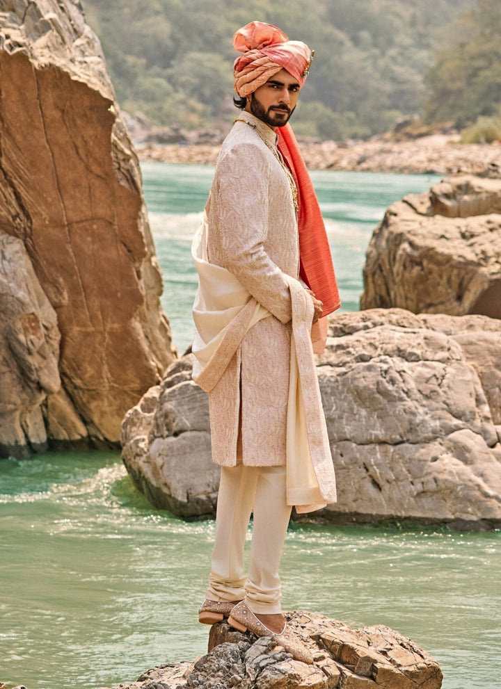 Nitika Gujral - Men Blush Pink Raw Silk Sherwani SetFabilicious Fashion