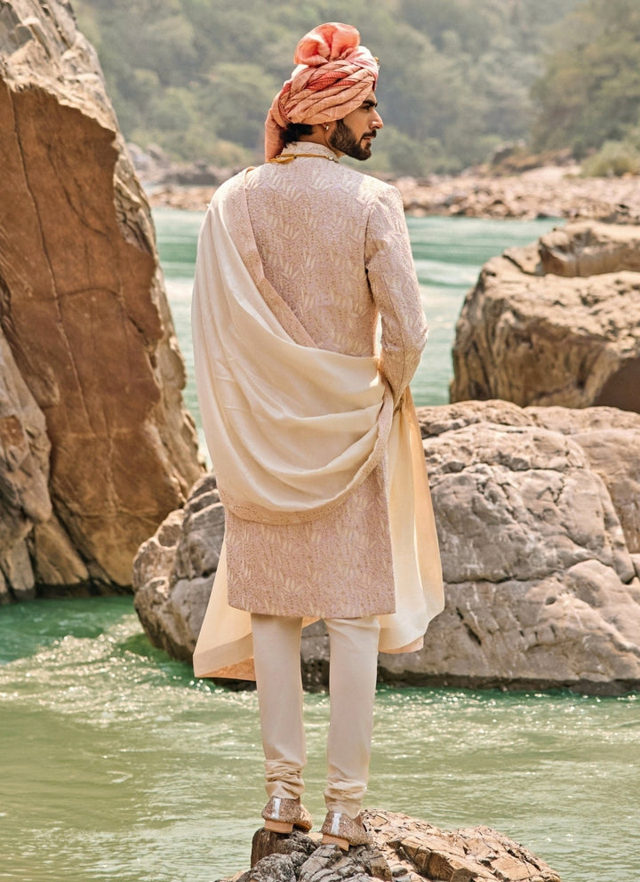 Nitika Gujral - Men Blush Pink Raw Silk Sherwani SetFabilicious Fashion