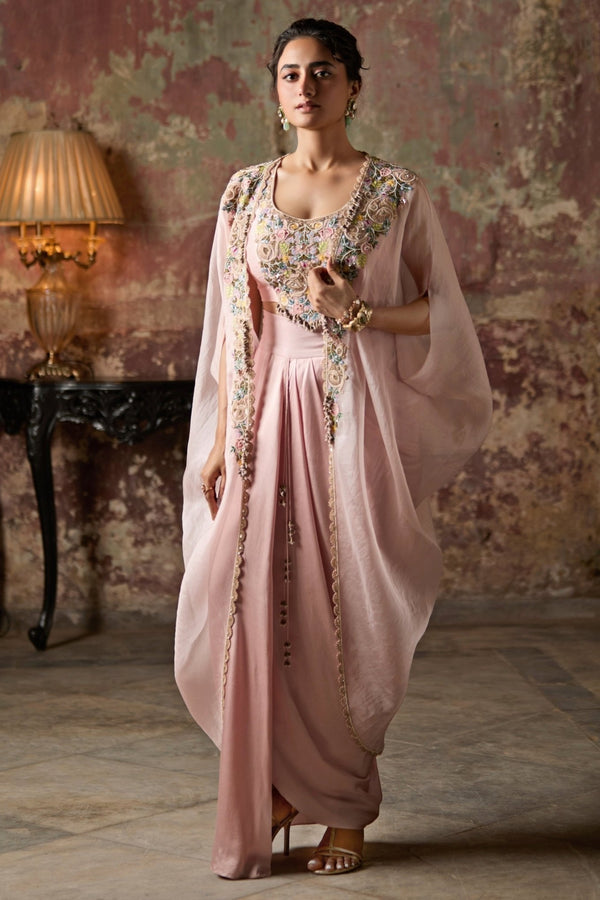 Blush pink satin drape skirt set with cape by Prisho