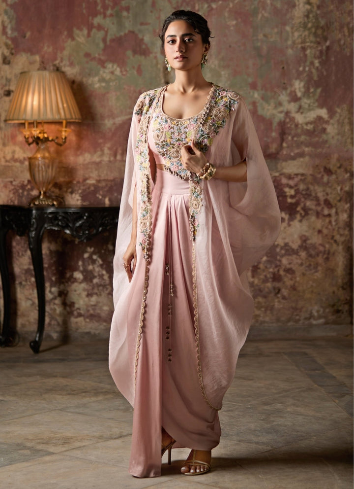 Prisho Blush Pink Satin Drape Skirt Set With CapeFabilicious Fashion