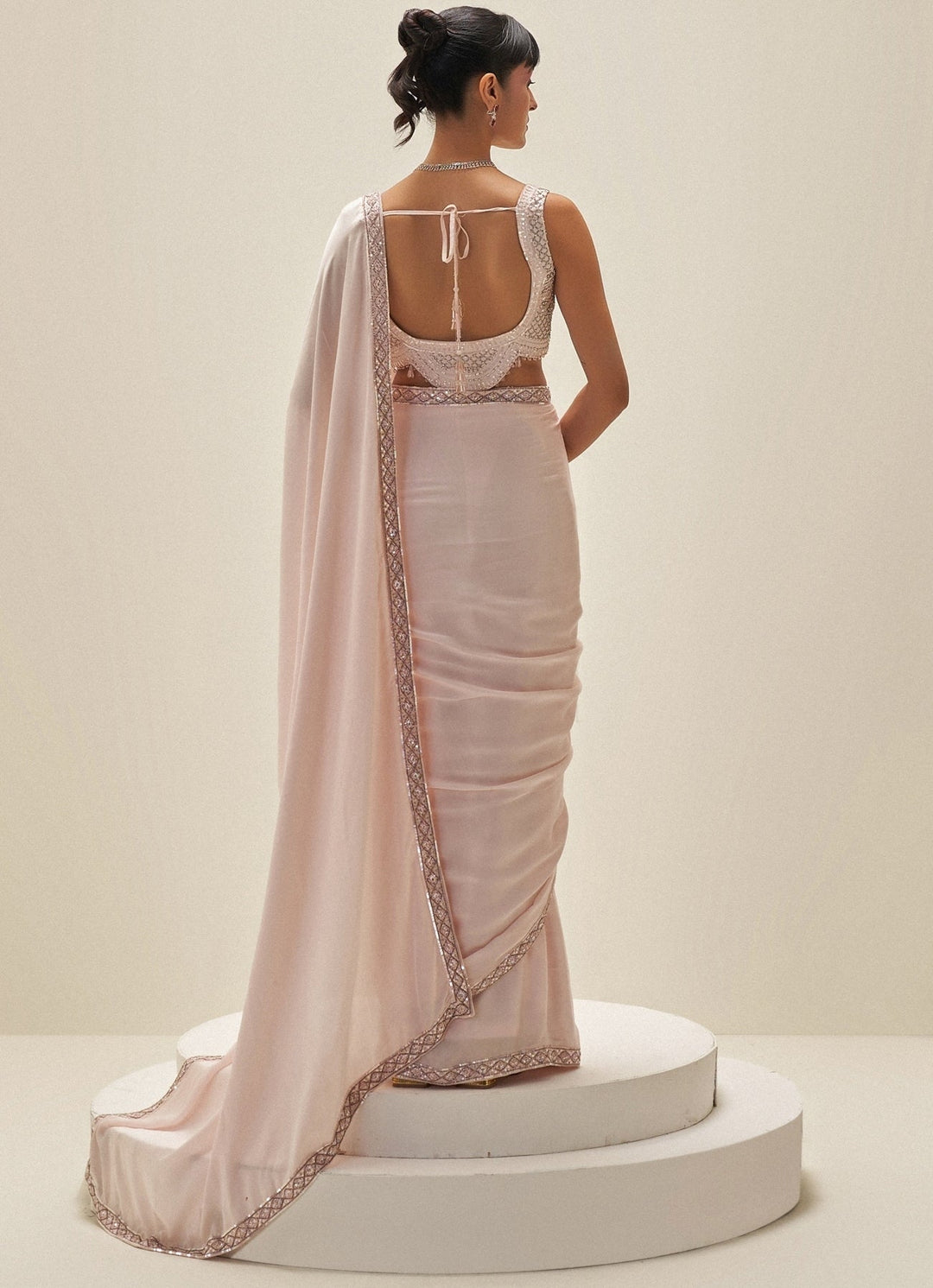 Blush Pink Satin Embroidered Saree Set Angad Singh - Fabilicious Fashion