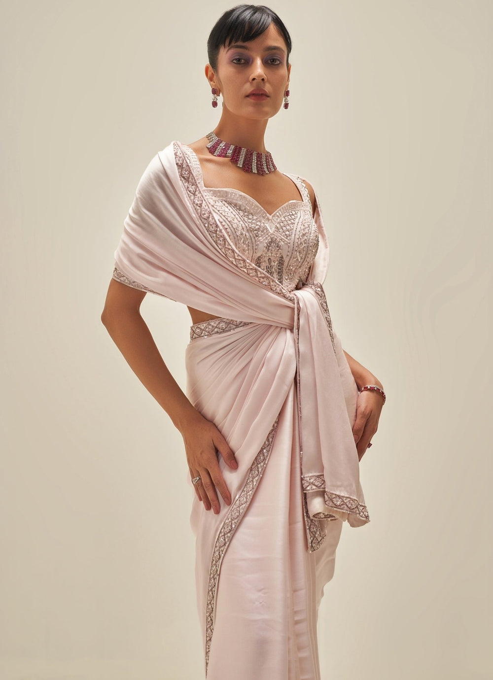 Blush Pink Satin Embroidered Saree Set Angad Singh - Fabilicious Fashion